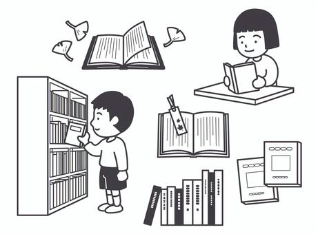 読書と子供　モノクロ 読書,読書の秋,子供,小学生,本,本棚,秋,栞,紅葉,いちょうのイラスト素材