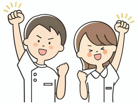 元気いっぱいな看護師の男女 看護師,看護士,やる気,頑張る,元気,頑張ろう,頑張れ,応援,ガッツポーズ,向上心のイラスト素材