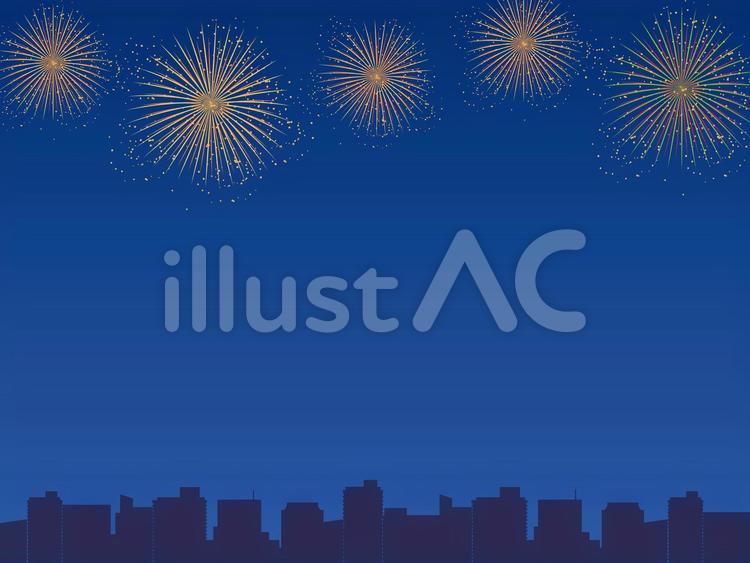 夜空を彩る花火と街並みフレーム 花火,夏,夜空のイラスト素材