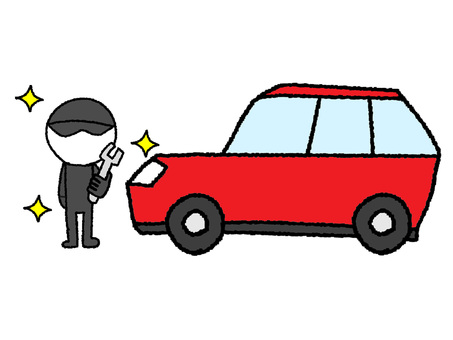 自動車と整備士 自動車,車,整備士,ピットクルー,シルエット,帽子,pop調,手描き,挿絵,ワンポイントのイラスト素材