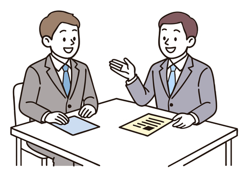 商談面接で話すビジネスマンたちのイラスト 男性,打合せ,ミーティング,面談,ビジネスマン,会話,商談,打ち合わせ,面接,スーツのイラスト素材