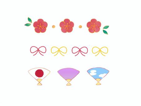 冬　お正月にオススメなラインセット 冬,正月,梅,リボン,センス,ライン,新年,年賀状,手描き,落書きのイラスト素材