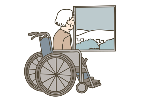 車椅子で窓の外を見る高齢女性 車椅子,高齢者,シニア,女性,お年寄り,窓,景色,眺める,入院,病室のイラスト素材