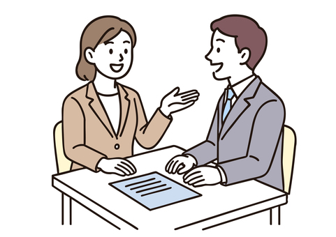 商談面接で話す男女のビジネスマンイラスト 男性,女性,打合せ,ミーティング,面談,ビジネスマン,会話,商談,打ち合わせ,面接のイラスト素材