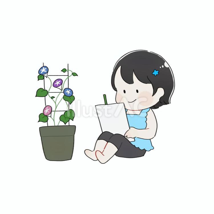 手描き風　朝顔を観察する女の子 手描き風,女の子,夏のイラスト素材