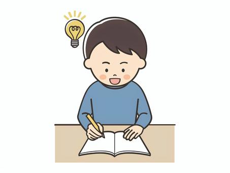 問題が解ける男性 男性,お父さん,勉強,宿題,学習,アイデア,思いつく,メモ,解決,問題のイラスト素材
