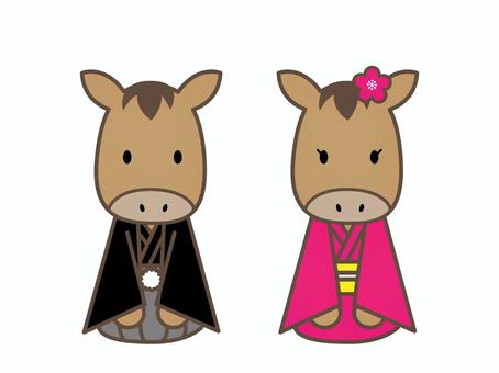 着物を着た馬さん達 午,干支,着物,和装,袴,馬,新年,挨拶,正座,夫婦のイラスト素材