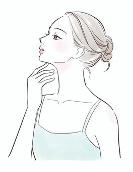 フェイスラインが気になる女性 女性,人物,きれい,おしゃれ,考える,可愛い,表情,スキンケア,肌,触るのイラスト素材