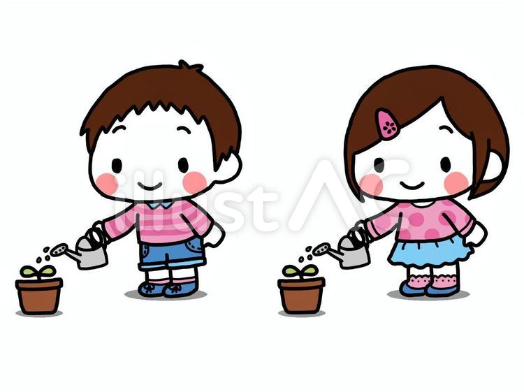 水やりをする子供 子供,男の子,女の子のイラスト素材