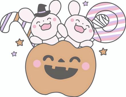 ハロウィンのかぼちゃから飛び出すうさぎ ハロウィン,かぼちゃ,飛び出す,うさぎ,キャンディー,ジャックオランタン,魔女,包帯,星,かわいいのイラスト素材