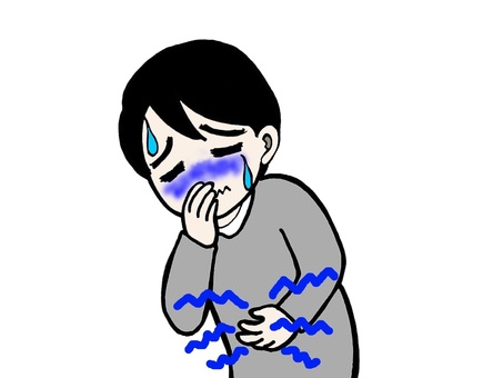 体調不良　吐き気と腹痛で苦しむ人 人物,黒髪,長袖,体調不良,顔面蒼白,汗,苦しい,辛い,吐き気,腹痛のイラスト素材