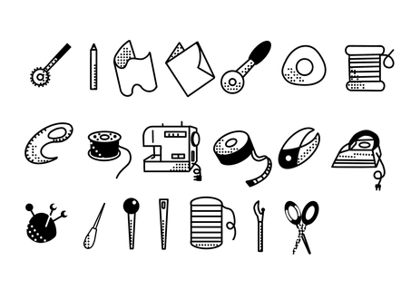 趣味のお裁縫ラベル お裁縫,ラベル,ルレット,チャコペン,生地,紙,カッター,チャコ,糸巻き,アール定規のイラスト素材