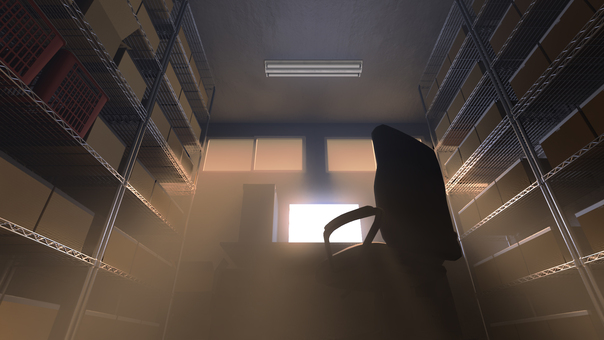 光が差し込むパソコンがある倉庫 倉庫,荷物,倉庫作業,段ボール,仕事,在庫,山積み,室内,物置,保管庫のイラスト素材