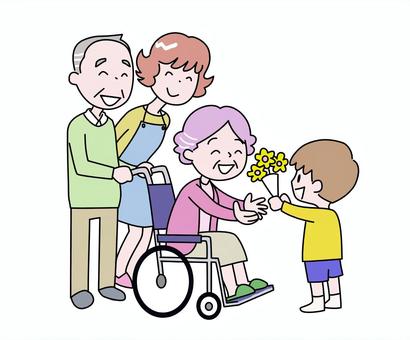 孫から花束を受け取るおばあちゃん 高齢者,おばあちゃん,敬老の日,花束,線画,男の子のイラスト素材