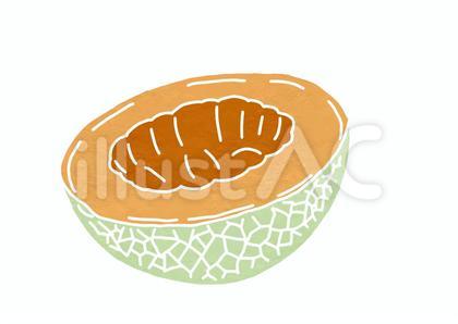 種をくり抜いた赤肉メロン(版画)