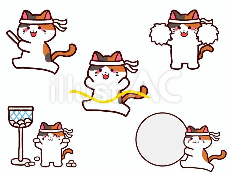 運動会に参加する三毛猫セット　白組 運動会,動物,セットのイラスト素材
