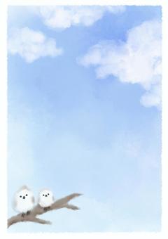 シマエナガと青空 絵葉書 水彩背景 シマエナガ,青空,冬,背景,絵葉書,カード,縦長,縦,水彩,雲のイラスト素材