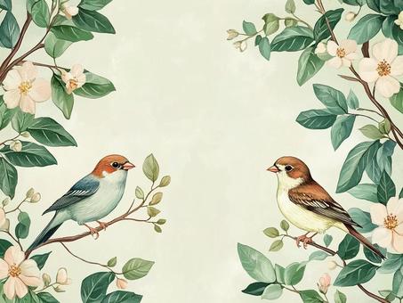 カワイイ小鳥と草木の枠のイラスト
