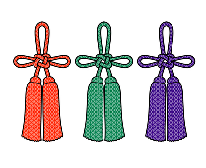 縁起物結びり紐　黒線３色 装飾,結び紐,縁起物,神社,寺院,着物,吊るす,種赤,みどり,紫のイラスト素材