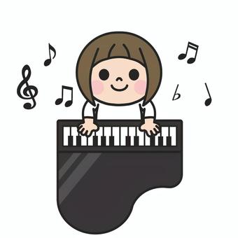 楽しそうに黒いピアノを弾く女の子1 ピアノ,鍵盤,楽器,トイピアノ,音符,音楽,音楽教室,音楽会,演奏,習い事のイラスト素材