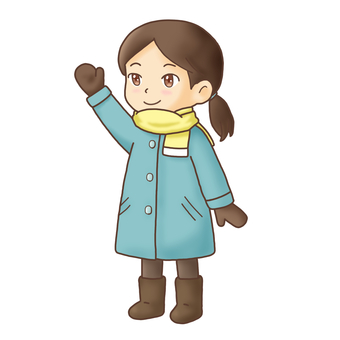 手を振る女の子（冬のイラスト） 女の子,子ども,冬,冬服,コート,マフラー,ブーツ,挨拶,さようなら,見送るのイラスト素材