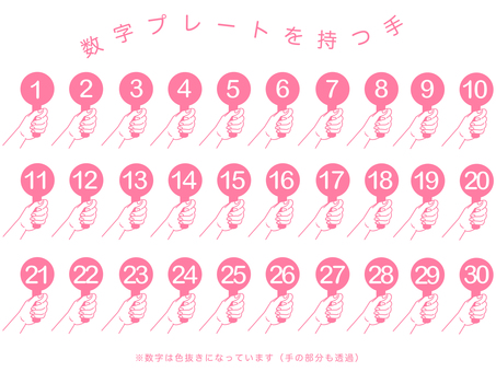 【数字】プレートを持つ手（ピンク） 数字,ナンバー,手,プレート,持つ,握る,掲げる,シンプル,フォント,白抜きのイラスト素材