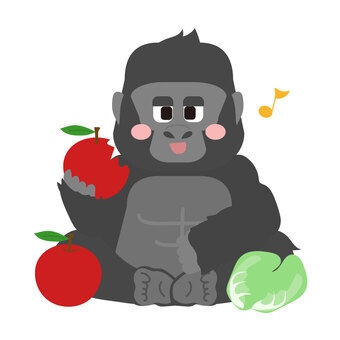 リンゴやキャベツを食べるゴリラ 食事,食べ物,食べる,リンゴ,キャベツ,ゴリラ,生き物,動物,動物園,ワイルドのイラスト素材