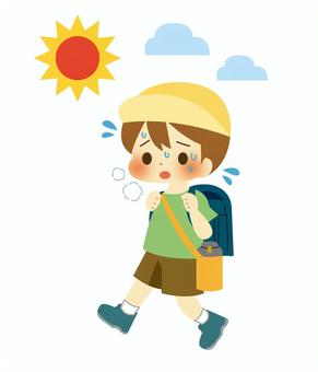 Elementary school students walking in the hot weather, primary school students, summer, heatstroke, JPG and AI