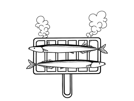 焼き網で秋刀魚を焼く白黒イラスト 秋刀魚,焼く,焼き網,白黒,モノクロ,サンマ,シンプル,魚,手書き,かわいいのイラスト素材