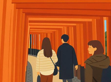 伏見稲荷大社　朱色の千本鳥居と参拝者 伏見稲荷大社,千本鳥居,鳥居,伏見稲荷,京都,観光地,名所,日本,和風,伝統のイラスト素材