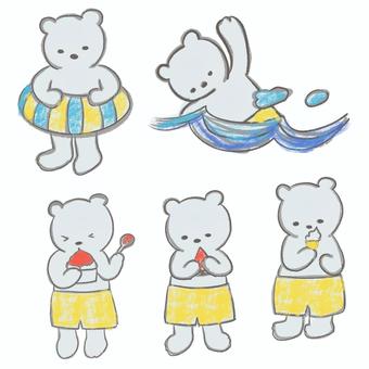 白くま　夏セット しろくま,かわいい,熊,夏休み,夏,6月,7月,8月,手描き,うきわのイラスト素材