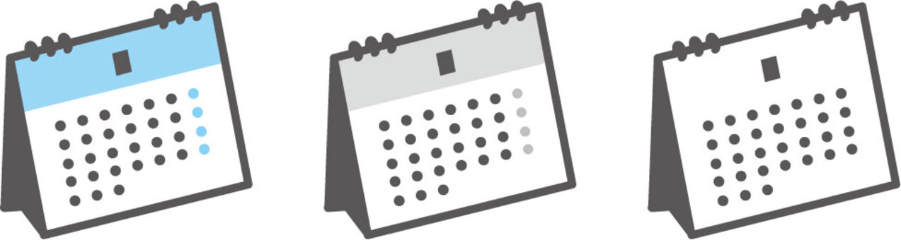 左から見た卓上カレンダー（3色） アイコン,ビジネス,カレンダー,卓上,右向き,斜め,立体的,セット,カラーバリエーション,色違いのイラスト素材