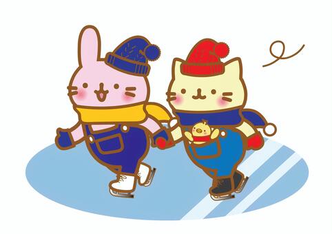 スケートを楽しむ動物たち スケート,スケートリンク,冬,ねこ,ネコ,猫,ウサギ,ひよこ,マフラー,ニット帽のイラスト素材