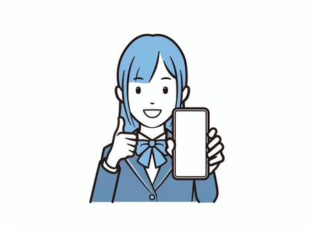 スマホを見せてグッドサインのブレザー女子 スマホ,スマートフォン,学生,女子,ブレザー,リボン,高校生,中学生,女子高生,携帯電話のイラスト素材