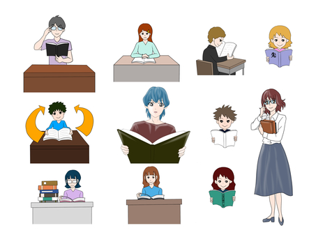本を読む人物　セット素材 本,読む,勉強,男,女のイラスト素材
