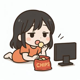 テレビを見ながらお菓子を食べる女の子 テレビを見ながらお菓子を食べる女の子 お菓子,食べる,女の子のイラスト素材