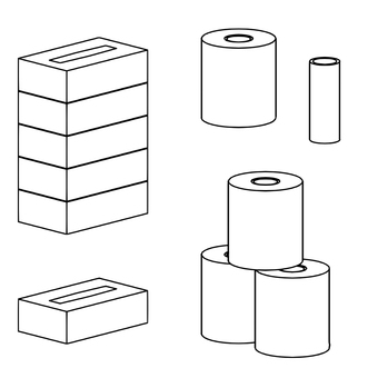 ティッシュとトイレットペーパーの線画 ティッシュ,トイレットペーパー,箱,ロール,線画,モノクロ,立体,シンプル,芯のイラスト素材