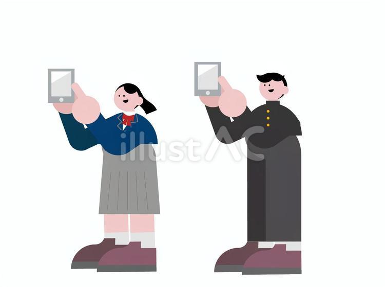 スマホの画面を見せる学生の男子と女子 学生,スマホ,おしゃれのイラスト素材
