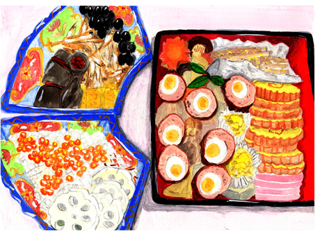 あけましておめでとうのおせち お正月,おせち,お祝い,ごちそう,和食,黒豆,伊達巻玉子,お煮しめ,かまぼこのイラスト素材