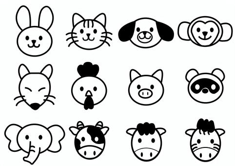 シンプルかわいい動物顔アイコン１-白黒 モノクロ,白黒,素材,動物,かわいい,アイコン,シンプル,主線,優しい,教材のイラスト素材