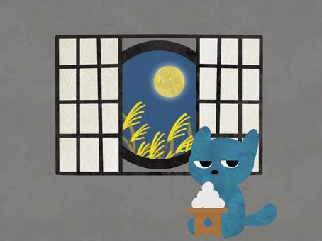 お月見をする青猫 月見,月見団子,三方,三宝,お団子,名月,中秋,供物,秋,イベントのイラスト素材