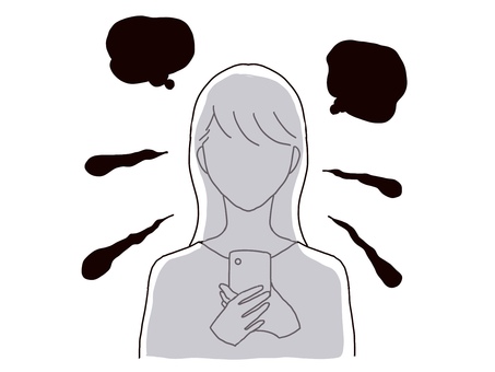 ネガティブな感情と負のオーラ ネガティブ,負,女性,吹き出し,感情,もや,黒色,考え,不安,疑念のイラスト素材