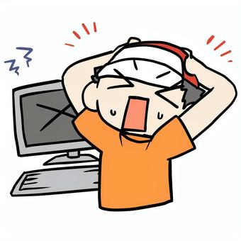 パソコンがエラーで焦る少年 小学生,パソコン,エラー,焦る,デジタル,苦手,パニック,大変,やばい,壊すのイラスト素材