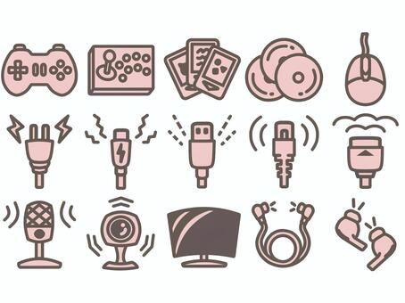 ゲーム周辺機器と配信機材アイコン　ピンク ゲーム,ゲーム実況,動画配信,コントローラー,ソフト,マウス,ケーブル,コンセント,usb,typecのイラスト素材