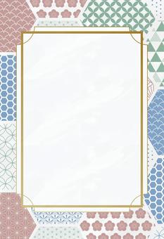 年賀状 亀甲配置の和柄デザイン 縦書き ハガキ,亀甲,ピンク,水色,緑,冬,年賀状,新年,謹賀新年,梅のイラスト素材