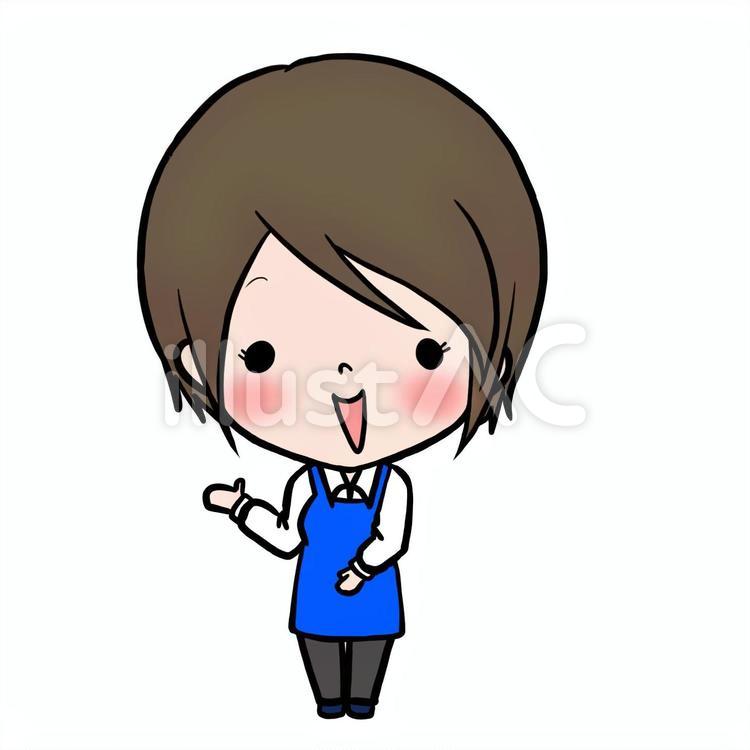 エプロン女性ショートヘア案内左青 エプロン,前掛け,まえかけのイラスト素材