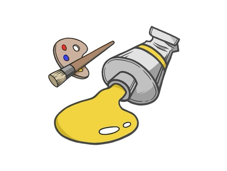 絵の具と筆とパレットの色塗りセット 絵の具,アート,美術部,筆,パレット,絵具,アーティスト,絵描き,趣味,手描きのイラスト素材