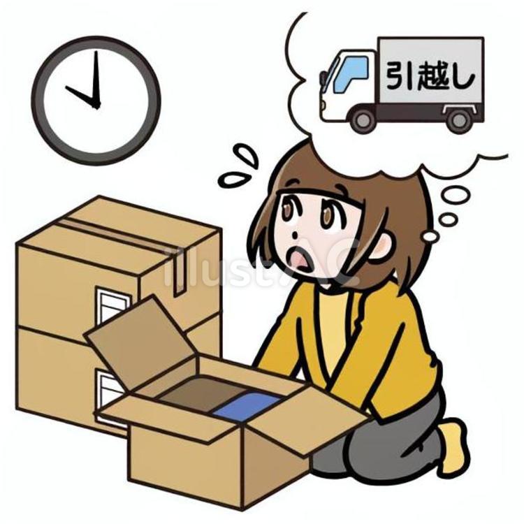 時間を気にしながら引越し荷物を段ボール箱に詰める女性 引越し,女性,成人のイラスト素材