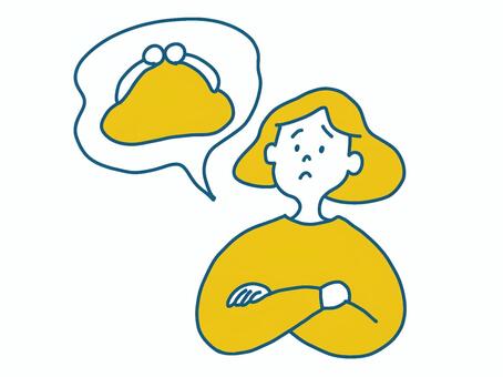 お金について考える人 お金,お財布,がま口,考える,悩む,人,女性,かわいい,シンプル,手描きのイラスト素材