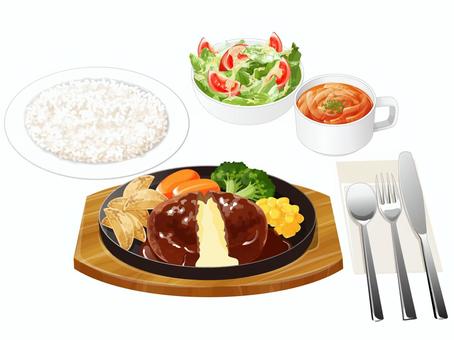 チーズインハンバーグセット1 ハンバーグセット,チーズ,ファミレス,料理,食べ物,ハンバーグ,デミグラスソース,オニオンスープ,サラダ,ライスのイラスト素材